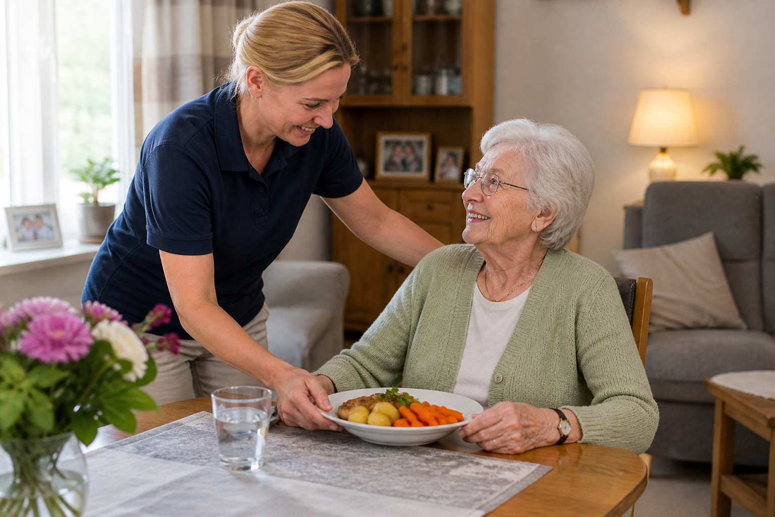 Betreuungskraft unterstützt Seniorin beim Essen zuhause in Stuttgart – Hilfe im Alltag durch 24-Stunden-Pflege