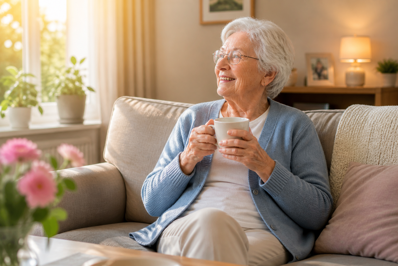Seniorin entspannt auf dem Sofa zuhause in Stuttgart mit einer Tasse Kaffee – 24-Stunden-Pflege sorgt für Sicherheit und Lebensqualität