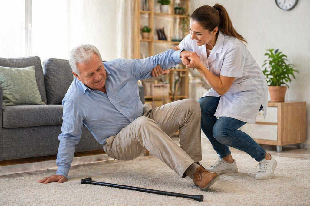 Sturz im Alter zuhause – Pflegekraft hilft Senior beim Aufstehen und unterstützt die Sicherheit im Alltag