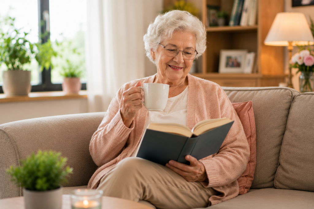 Glückliche Seniorin sitzt entspannt mit Buch und Kaffeetasse auf dem Sofa zuhause dank 24-Stunden-Pflege in Mannheim