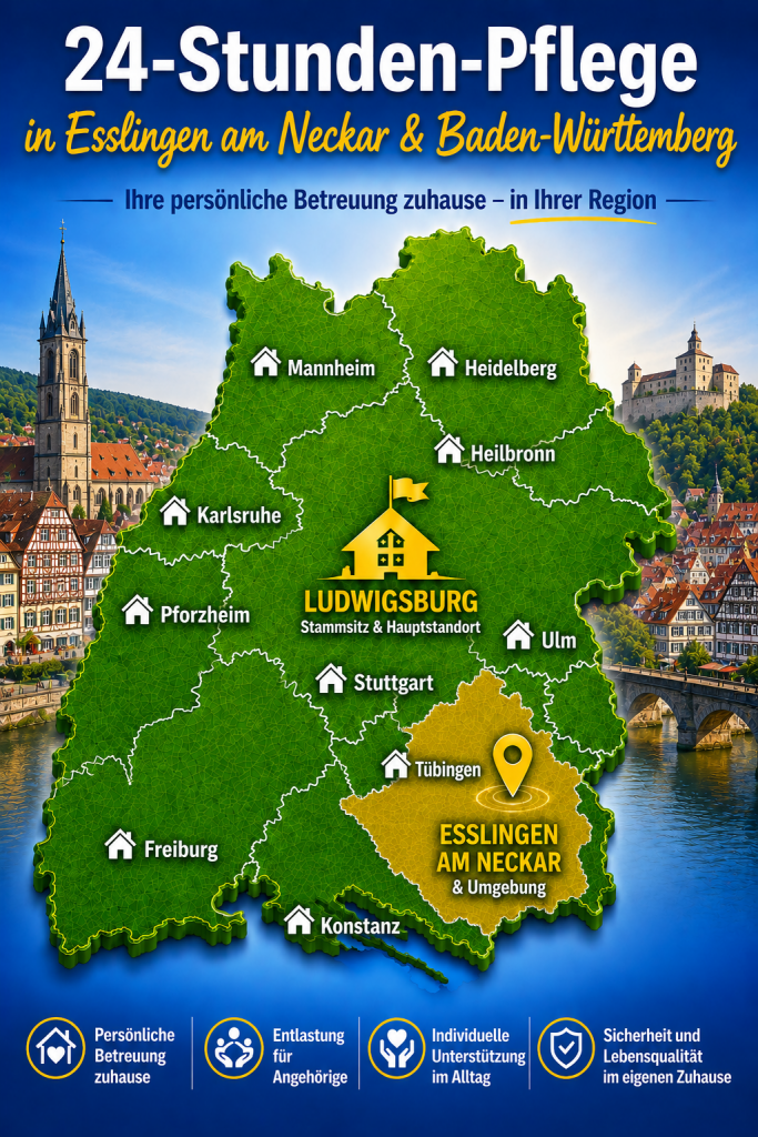 Baden-Württemberg-Karte mit hervorgehobener Region Esslingen am Neckar und Ludwigsburg als Hauptstandort für 24-Stunden-Pflege in Esslingen am Neckar zuhause