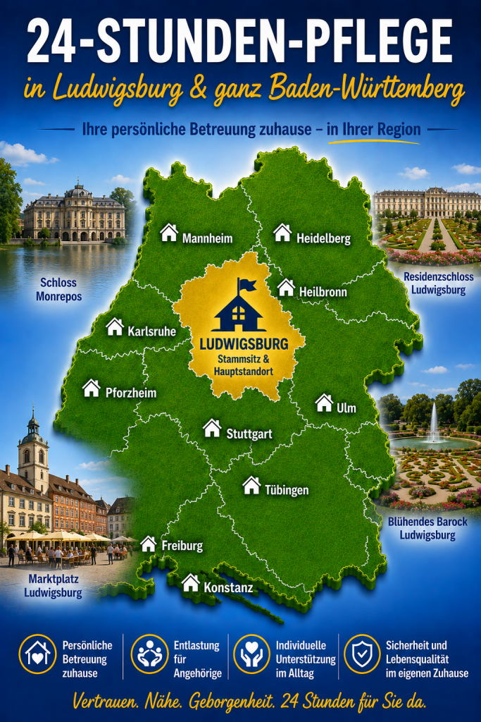 Karte zur 24-Stunden-Pflege in Ludwigsburg und Baden-Württemberg mit regionalen Standorten und Sehenswürdigkeiten