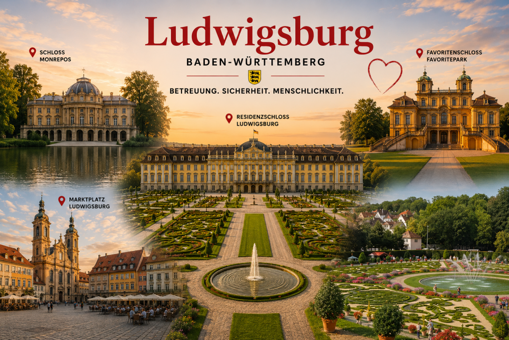 24-Stunden-Pflege in Ludwigsburg mit Blick auf Schloss Monrepos und Betreuung zuhause
