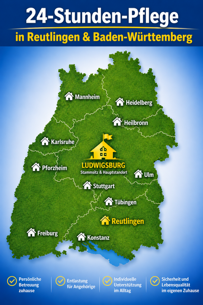 Karte von Baden-Württemberg mit Reutlingen für 24-Stunden-Pflege und persönliche Betreuung zuhause