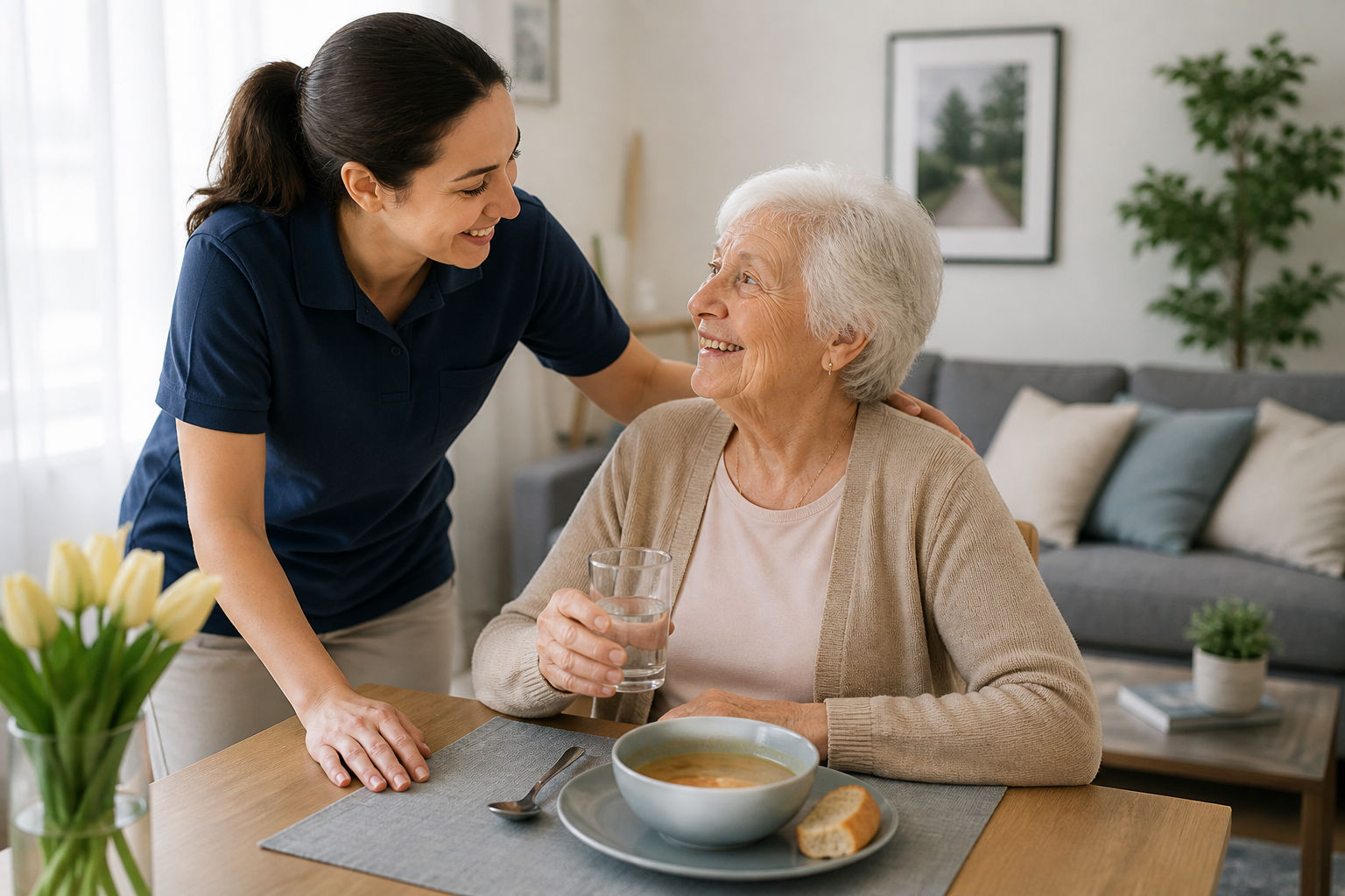 Pflegekraft unterstützt Seniorin im Alltag bei der Betreuung zuhause in Heilbronn