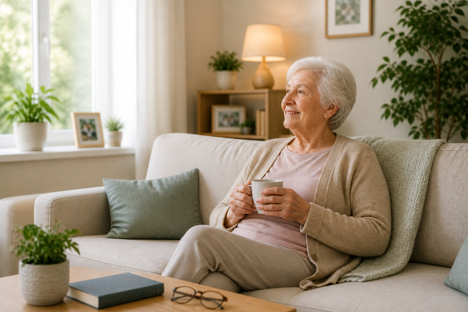 Seniorin entspannt zuhause in Heilbronn als Beispiel für sichere Betreuung und 24-Stunden-Pflege im eigenen Zuhause