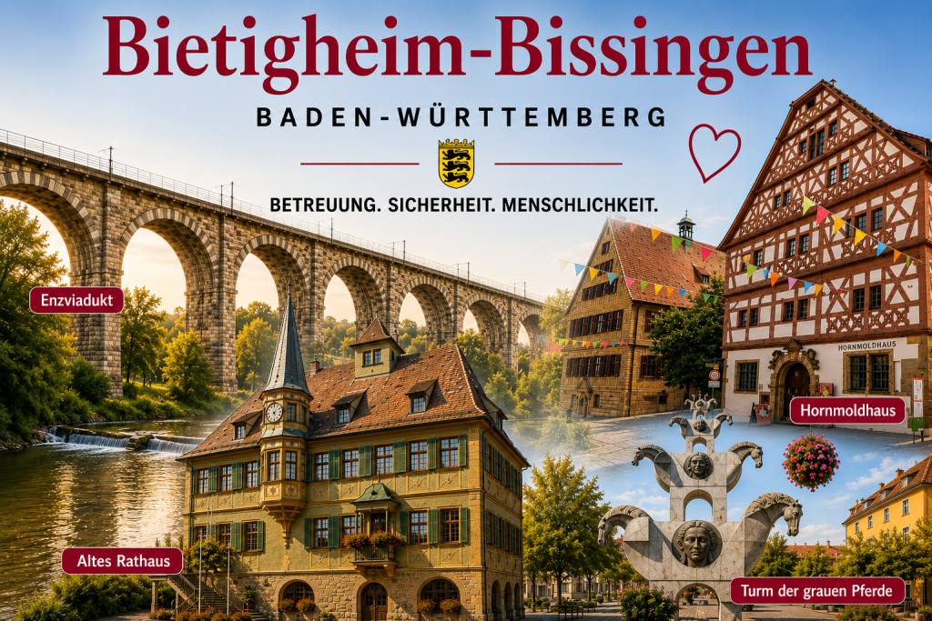 24-Stunden-Pflege in Bietigheim-Bissingen mit Enzviadukt, Hornmoldhaus, Altem Rathaus und Turm der grauen Pferde in Baden-Württemberg