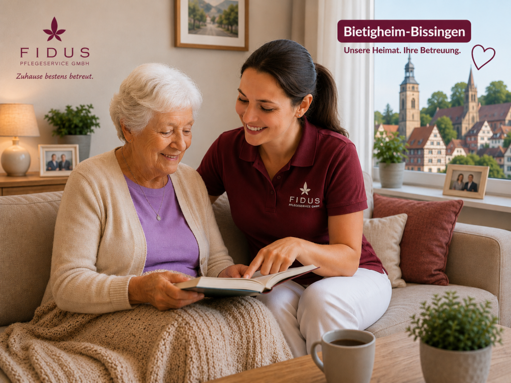 Betreuungskraft unterstützt eine Seniorin zuhause in Bietigheim-Bissingen bei der 24-Stunden-Pflege im vertrauten Umfeld.