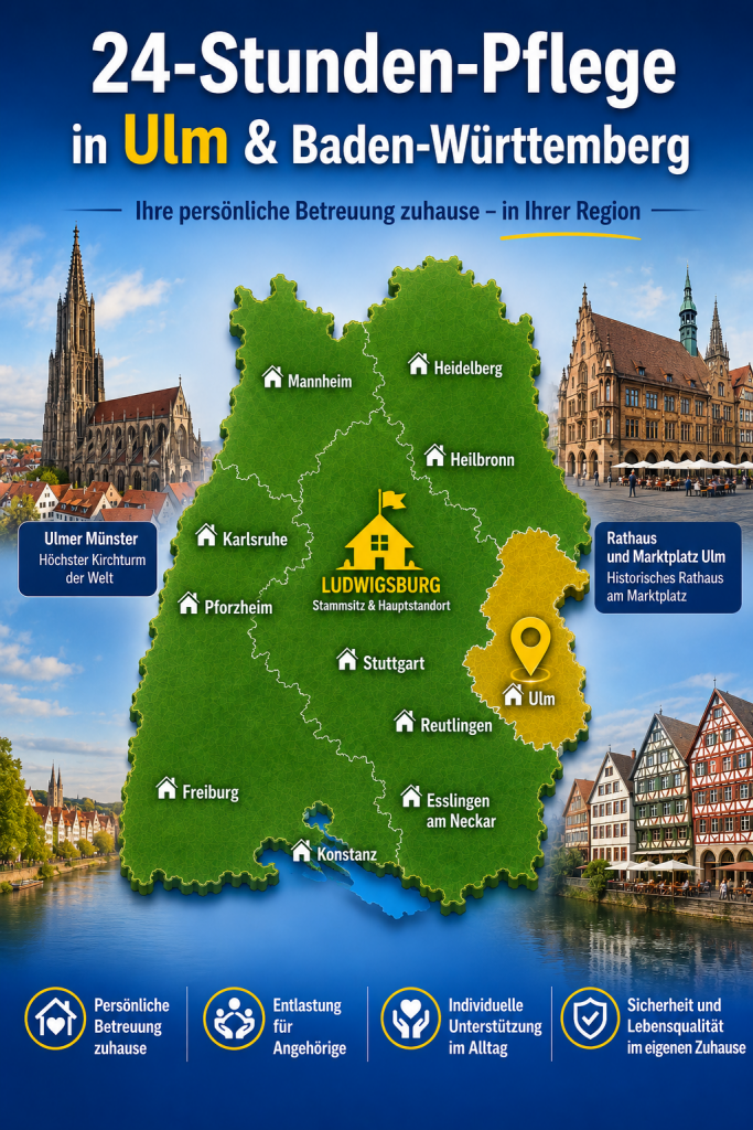 24-Stunden-Pflege in Ulm mit Baden-Württemberg-Karte, Ulmer Münster, Rathaus Ulm und regionaler Betreuung zuhause