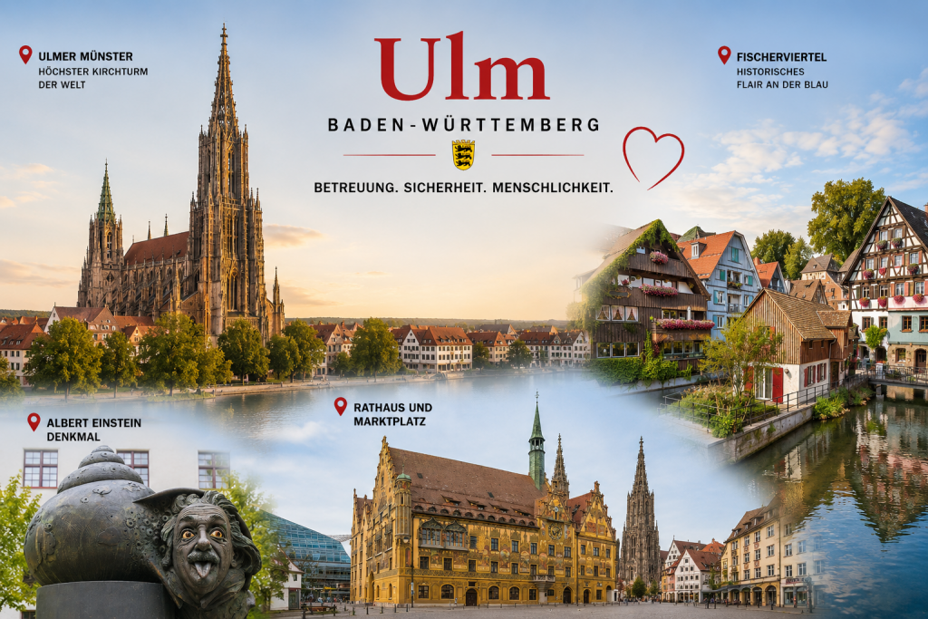 24-Stunden-Pflege in Ulm mit Ulmer Münster, Fischerviertel, Rathaus und Albert-Einstein-Denkmal