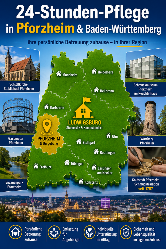 24-Stunden-Pflege in Pforzheim und Baden-Württemberg mit regionaler Übersichtskarte, Pforzheim als Betreuungsregion sowie den Sehenswürdigkeiten Schlosskirche St. Michael, Gasometer, Schmuckmuseum, Enzauenpark und Wartberg.