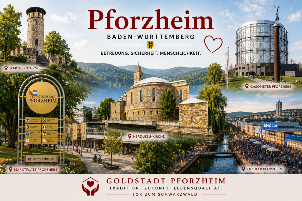 24-Stunden-Pflege in Pforzheim mit Wartbergturm, Gasometer, Herz-Jesu-Kirche, Marktplatz und Enzufer in der Goldstadt Pforzheim am Tor zum Schwarzwald
