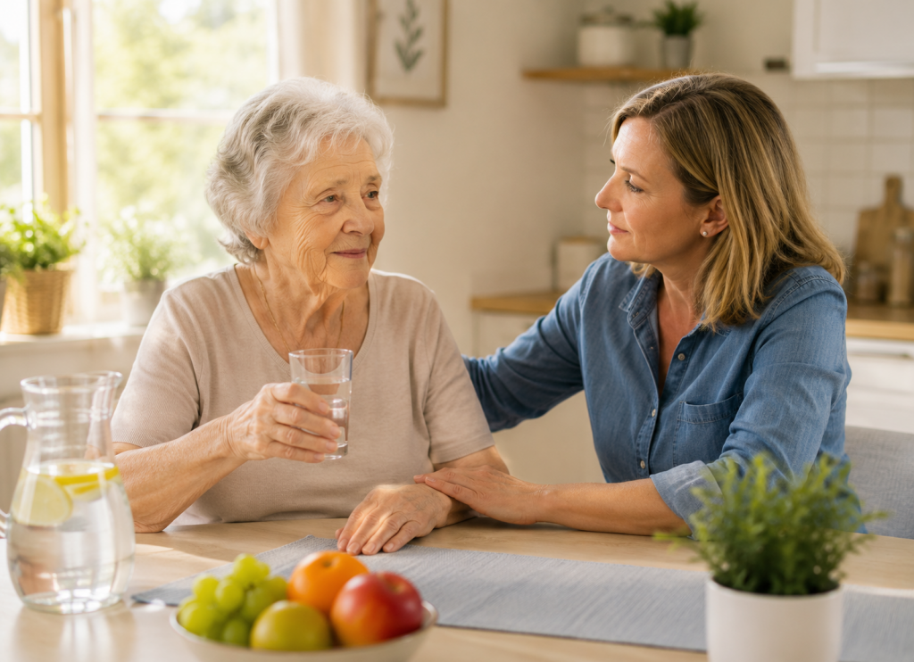 Hitzeschutz für Senioren: Eine Angehörige erinnert eine Seniorin an heißen Sommertagen daran, ausreichend Wasser zu trinken und unterstützt sie beim Schutz vor Flüssigkeitsmangel.