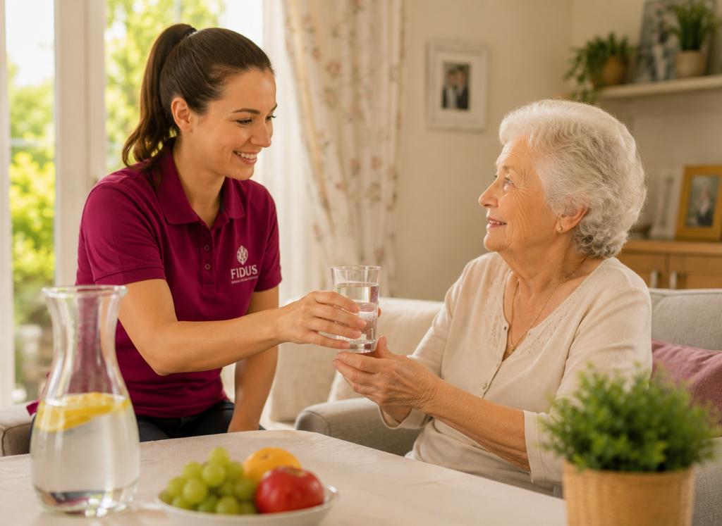 Hitzeschutz für Senioren: Eine Fidus-Betreuungskraft reicht einer Seniorin ein Glas Wasser und unterstützt sie dabei, an heißen Sommertagen ausreichend zu trinken.