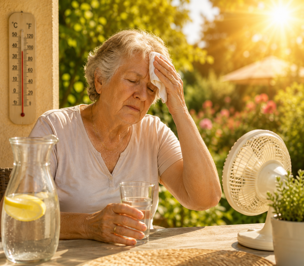 Hitzeschutz für Senioren: Seniorin kühlt sich an einem heißen Sommertag mit einem feuchten Tuch und trinkt ein Glas Wasser zur Vorbeugung von Flüssigkeitsmangel.