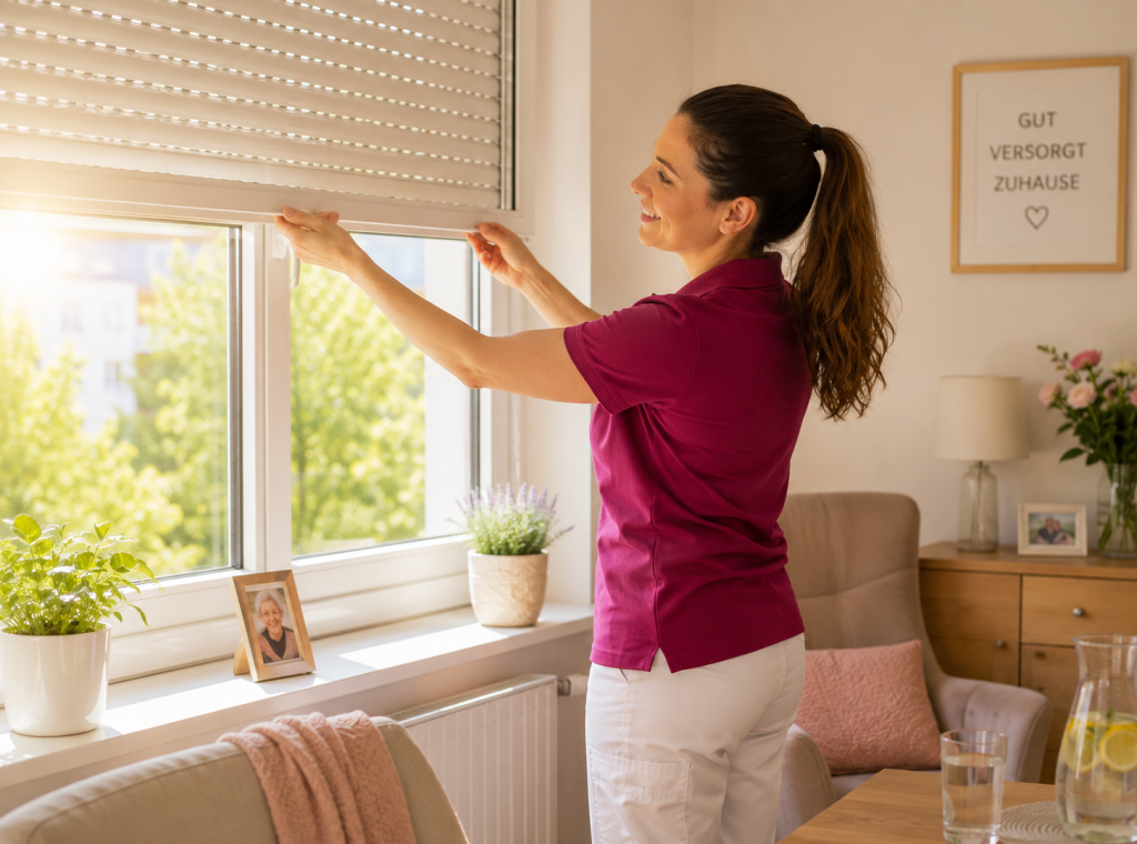 Hitzeschutz für Senioren: Eine Fidus-Betreuungskraft schließt an einem heißen Sommertag die Rollläden, um Wohnräume kühl zu halten und Senioren vor Hitze zu schützen.