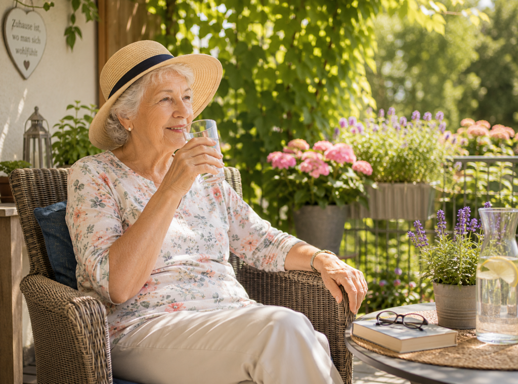 Hitzeschutz für Senioren: Eine Seniorin sitzt entspannt im Schatten auf einer Terrasse und trinkt an einem heißen Sommertag ein Glas Wasser.