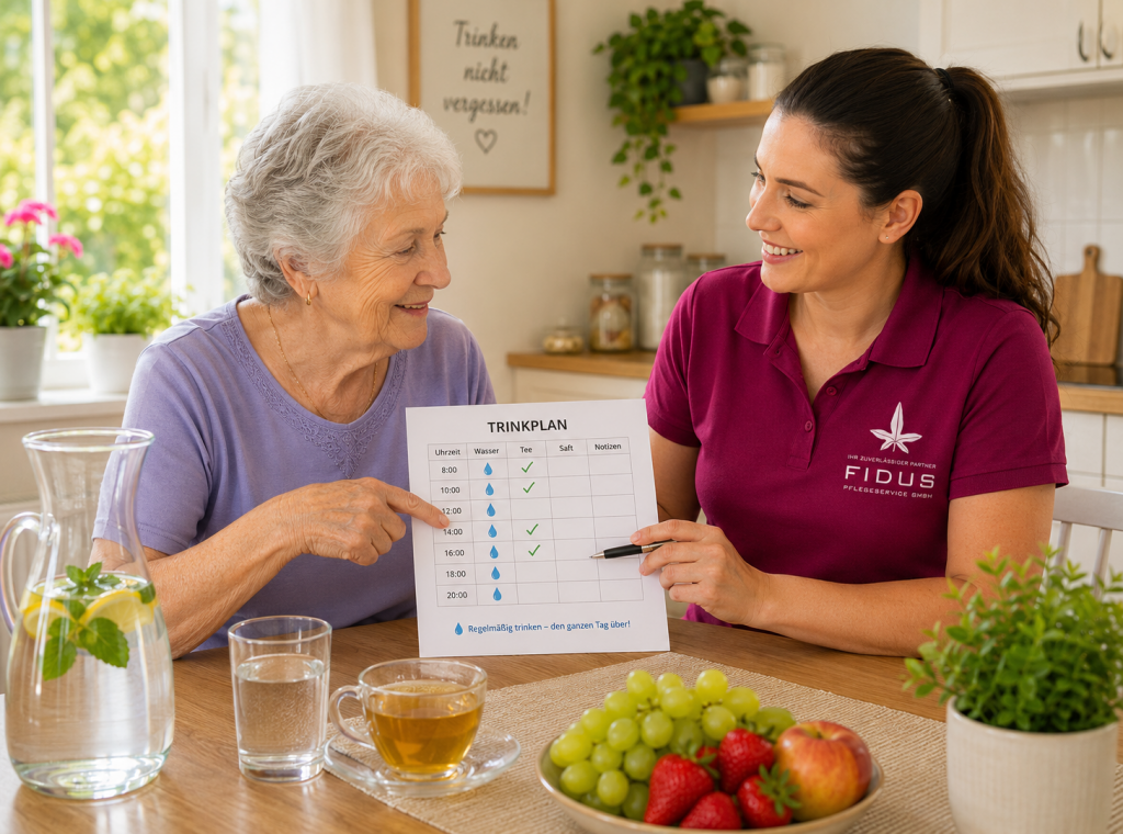 Hitzeschutz für Senioren: Eine Fidus-Betreuungskraft bespricht mit einer Seniorin einen Trinkplan, um an heißen Sommertagen ausreichend Flüssigkeit aufzunehmen.