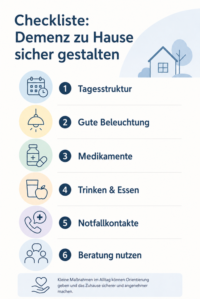 Checkliste für Pflege bei Demenz zu Hause mit Sicherheitstipps für Angehörige