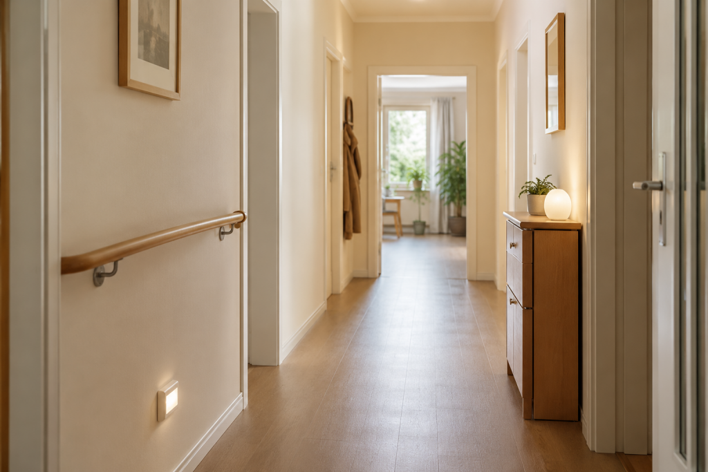Sicheres Zuhause bei Demenz mit freiem Laufweg, Handlauf und Nachtlicht